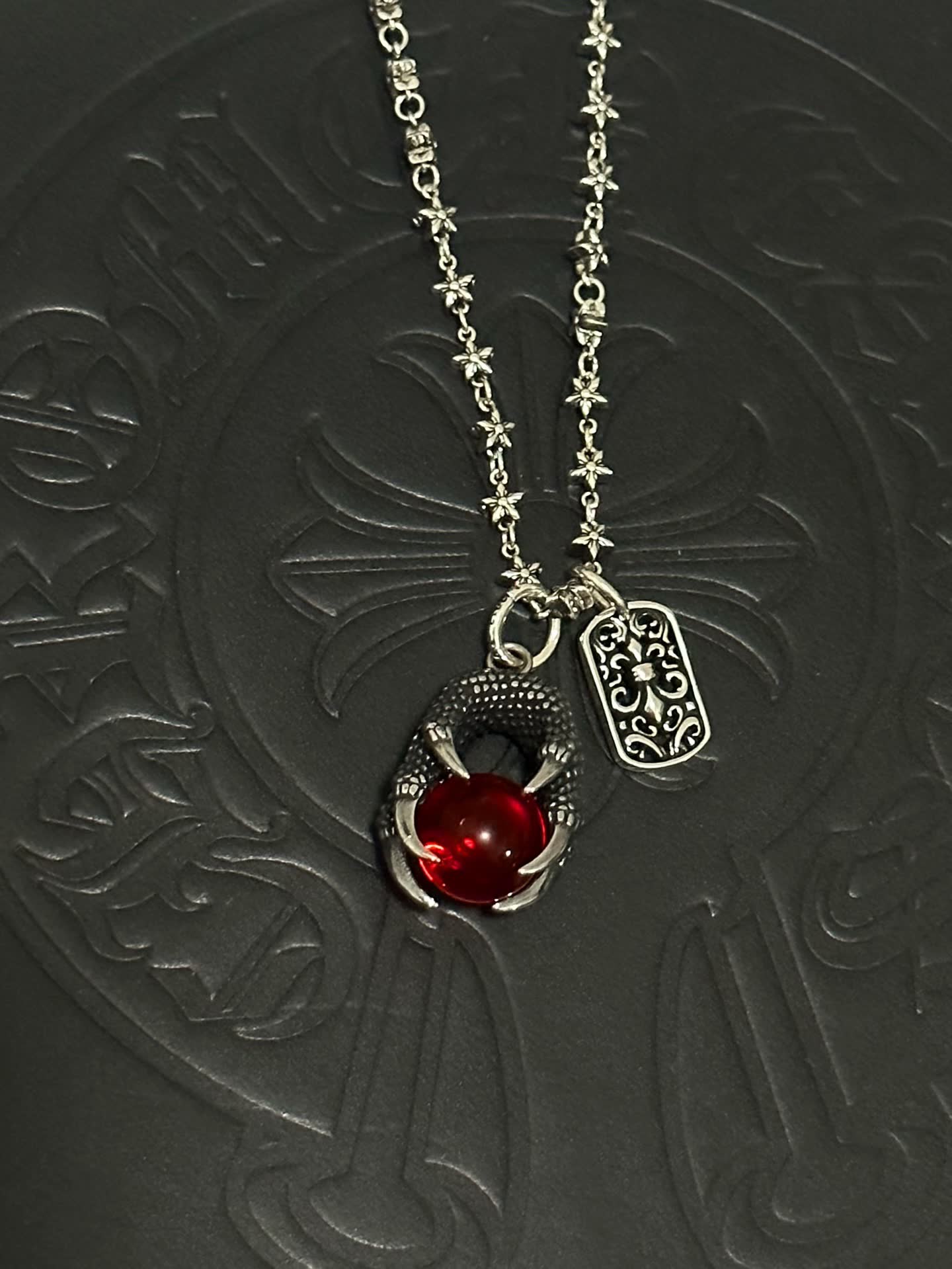 Chrome Hearts Silver Dragon Claw Red Crystal Necklace